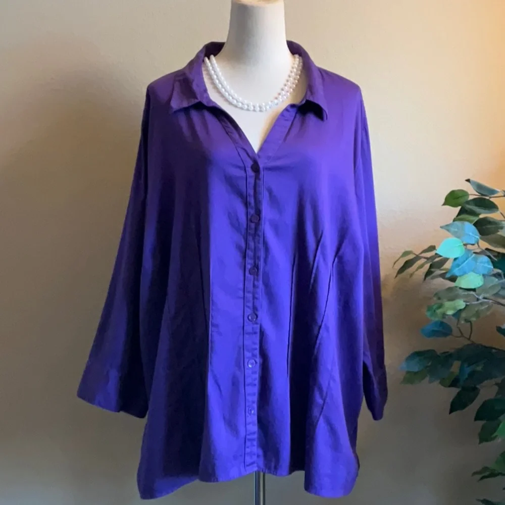 Deep Purple Long Sleeve Button Down Top, 3X - Picture 1 of 9